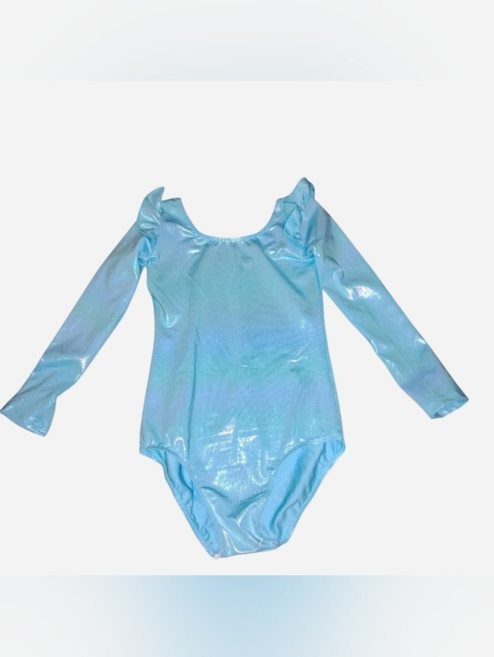 New NWT Girls Light Blue Metallic Shimmer Long Sleeve Leotard Ruffle Shoulder